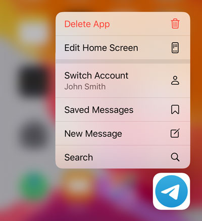 App menu on an iOS 13 home screen, featuring a 'Switch Account' button